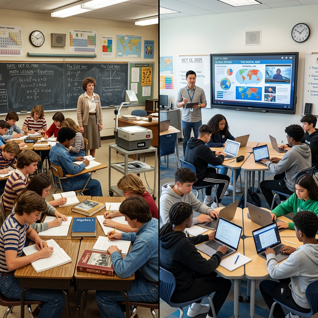 Split scene classroom 1980 and 2025 technology contrast