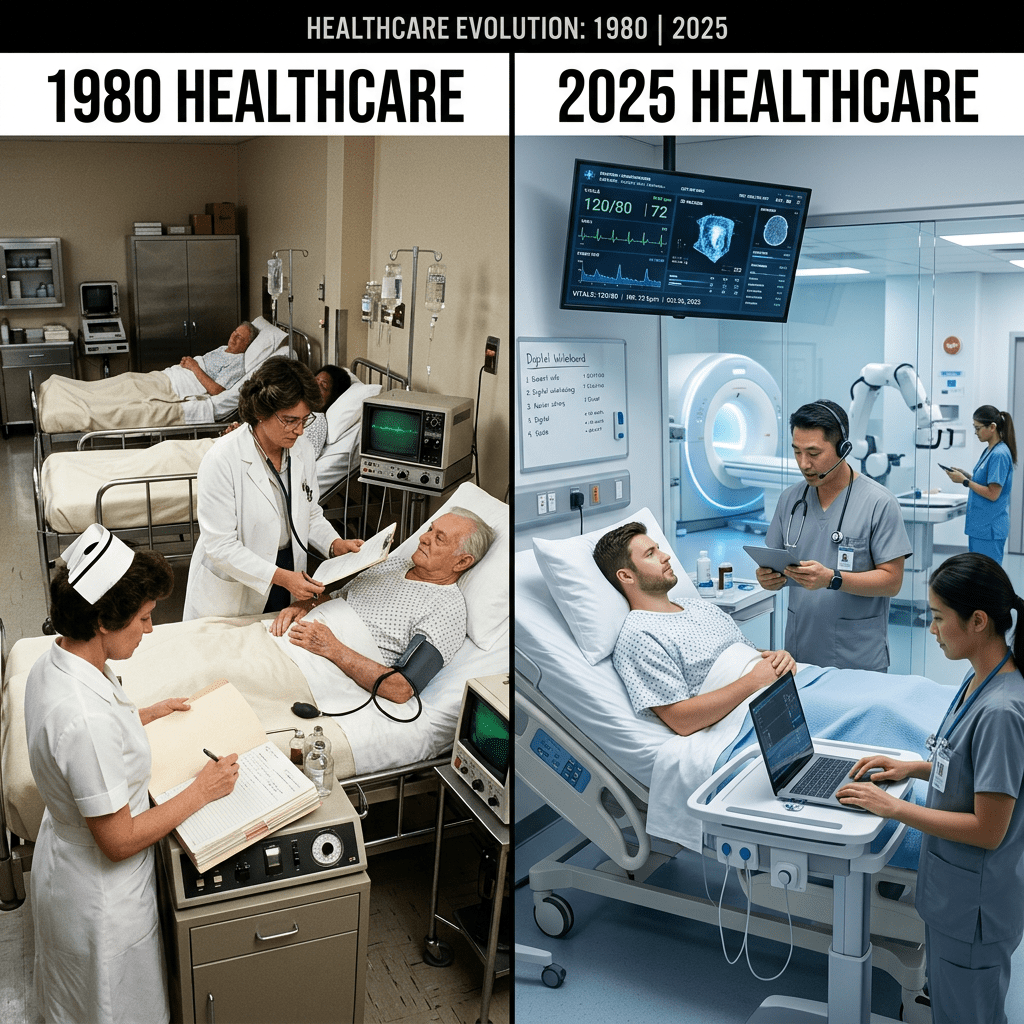 Healthcare 1980 and 2025 split scene