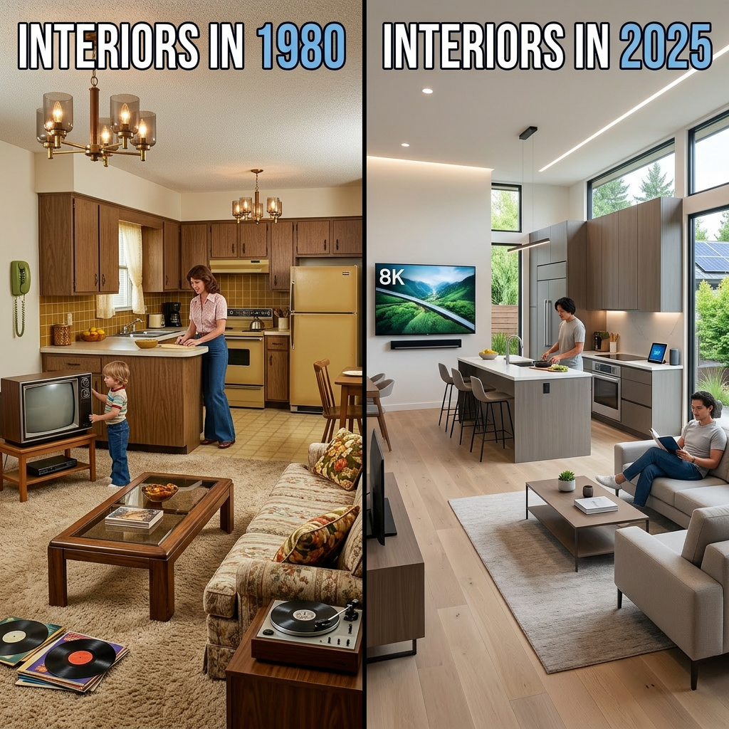 Side-by-side view of a 1980 kitchen and living room with vintage decor and a 2025 modern kitchen and living area with minimalist design